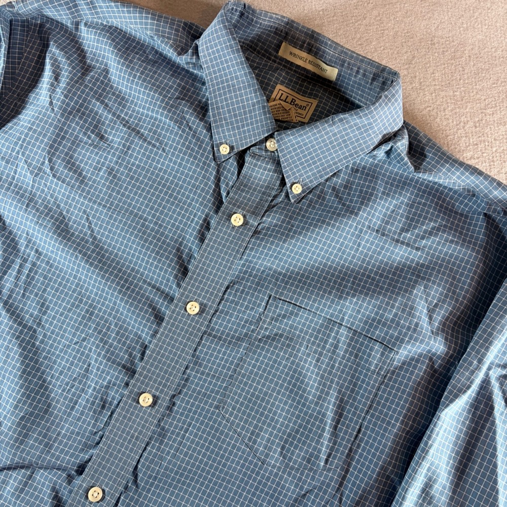 LL Bean Mens XXL Tall Blue Grid Wrinkle Resistant Button Down Shirt 285276
